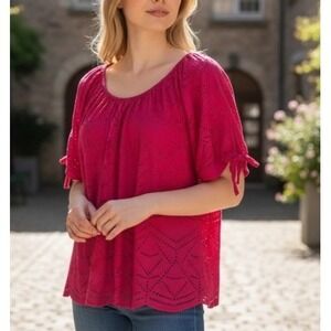 Sundance Womens Paulina Eyelet Tie Sleeve Top Pink‎ Boho Cotton Festival Size 2X